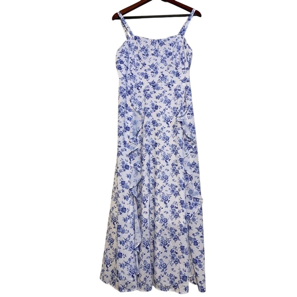 Belle Poque Midi Dress Womens XL Blue White Floral Ruffle‎ Smocked Back NWT - Picture 4 of 11